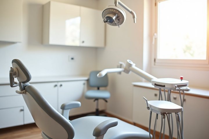 Consultório de medicina dentária com a cadeira, o candeeiro de observação e a bancada de instrumentos junto à janela