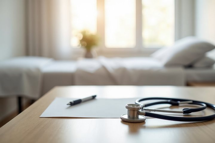 Gabinete de consulta de medicina interna com secretária, bloco de notas e estetoscópio e, ao fundo, a marquesa de observação