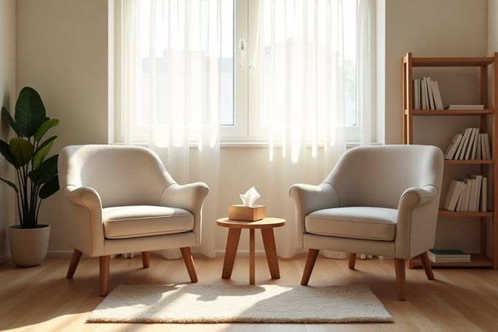 Sala de psicoterapia com duas poltronas frente a frente e uma mesa baixa entre elas, iluminada por uma janela